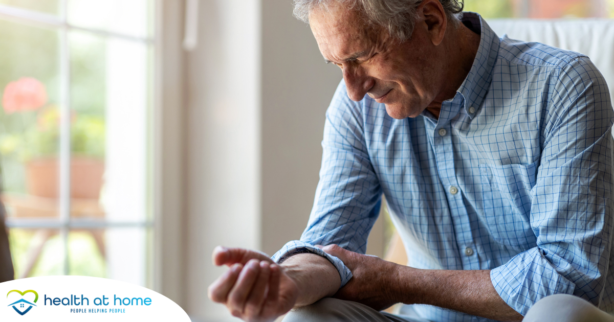 A senior man struggles with managing arthritis pain in his elbow.